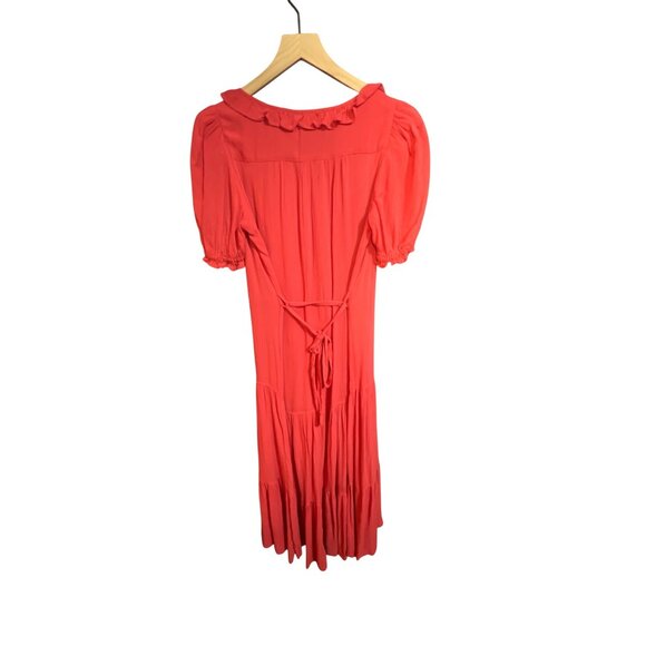 Max Studio Womens XS Red Ruffle Button-Front Midi Dress With Puff Sleeves & Tie- - Picture 2 of 5